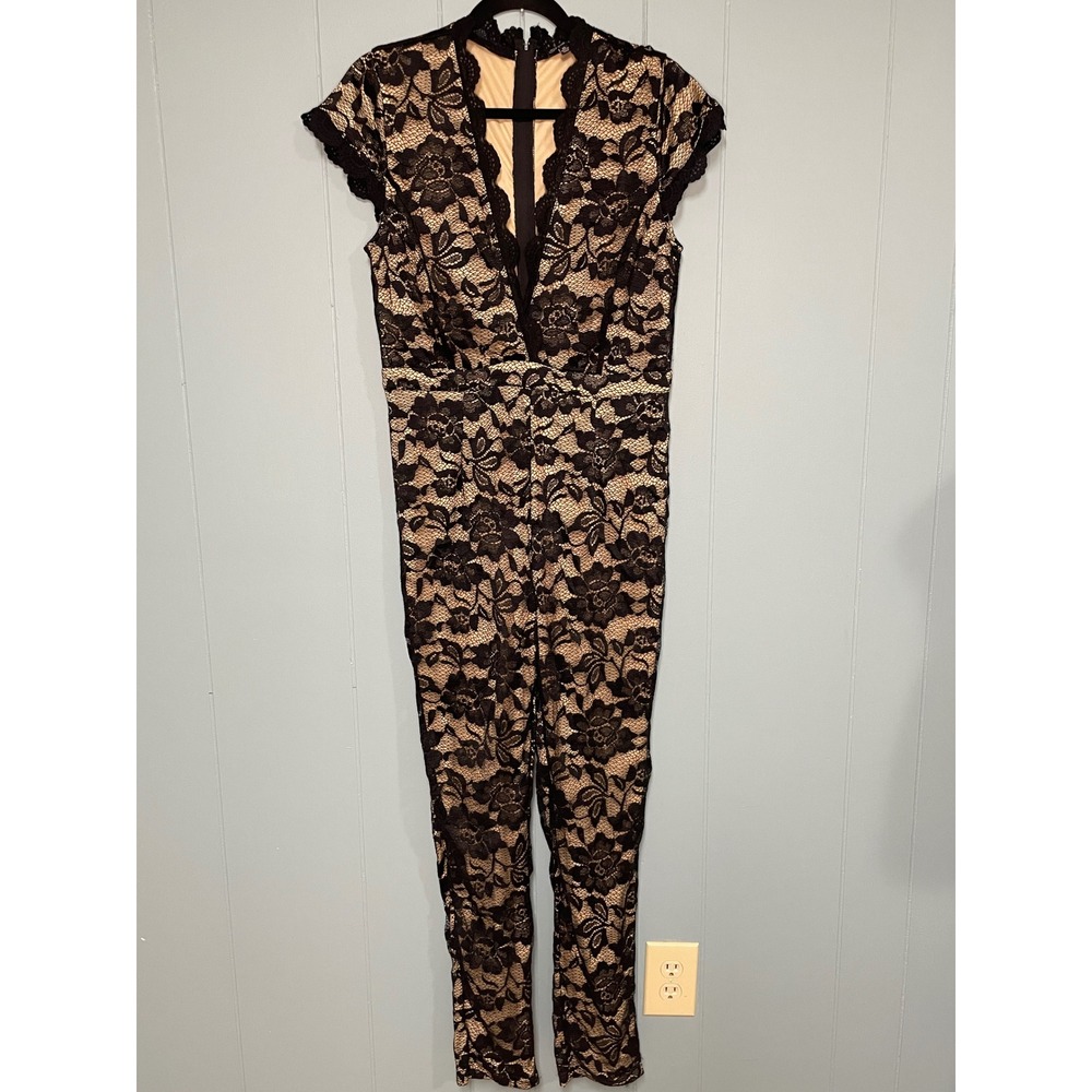 Shinestar Lace Jumpsuit Women XL Black Nude Excellent V-Neck Cap Sleeve Floral